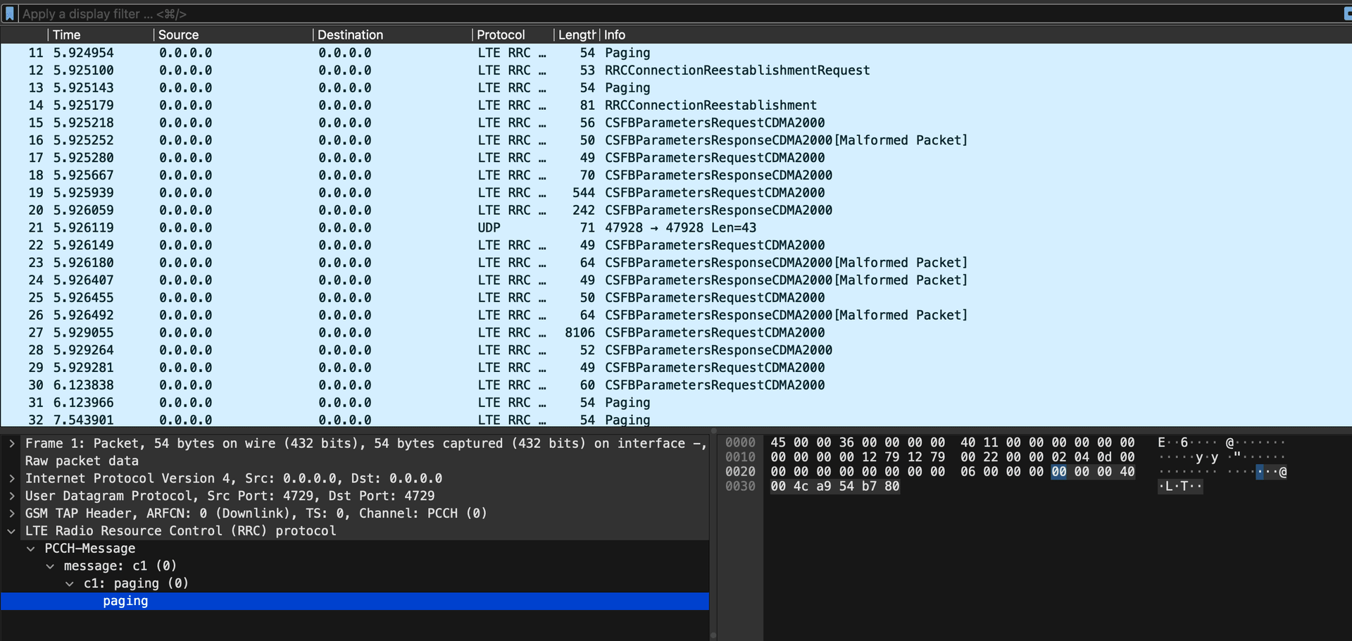 Wireshark window showing live LTE/5G logs