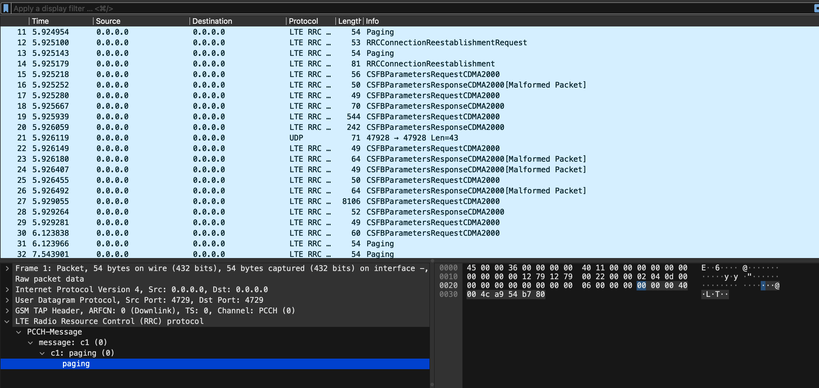 Wireshark window showing live LTE/5G logs